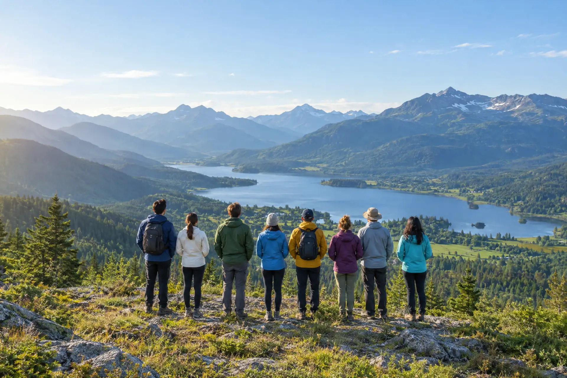 Acht Reisende in Outdoorjacken stehen, von hinten gesehen, an einem Aussichtspunkt über einem See zwischen Bergen